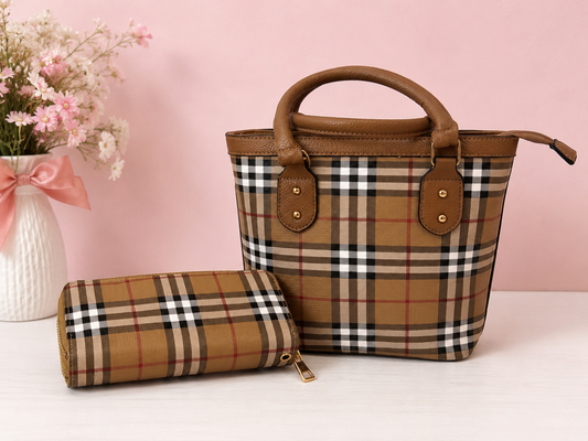 Brown Plaid Handbag and Wallet Set