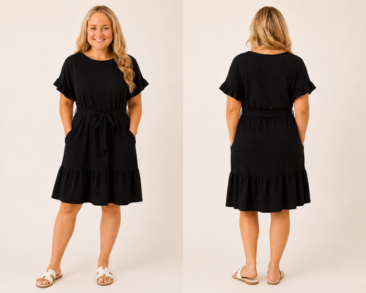 Wrinkle Free Tie Dress- Black