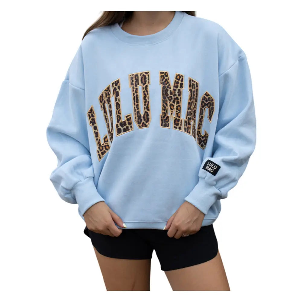 Baby Blue Lulu Mac Sweatshirt with Leopard Letters
