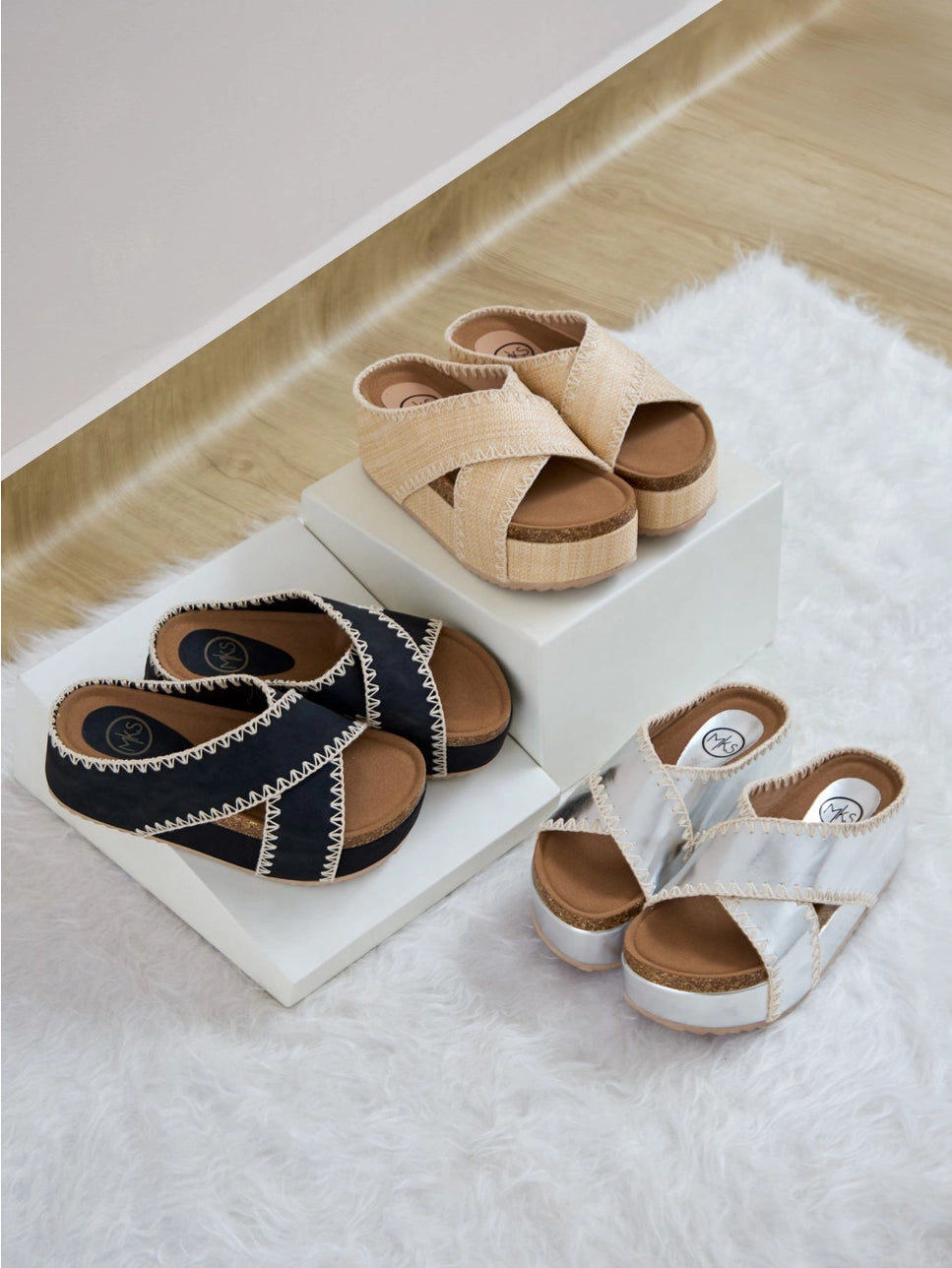 Nina 4 Crisscross Platform Wedge with Contrast Stitch Detail
