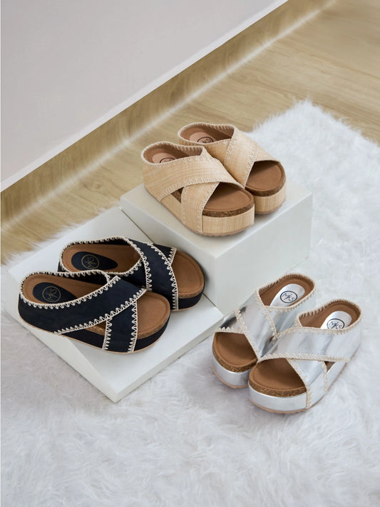 Nina 4 Crisscross Platform Wedge with Contrast Stitch Detail