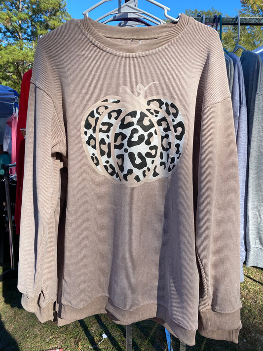 Neutral Leopard Pumpkin Corded Sweatshirt